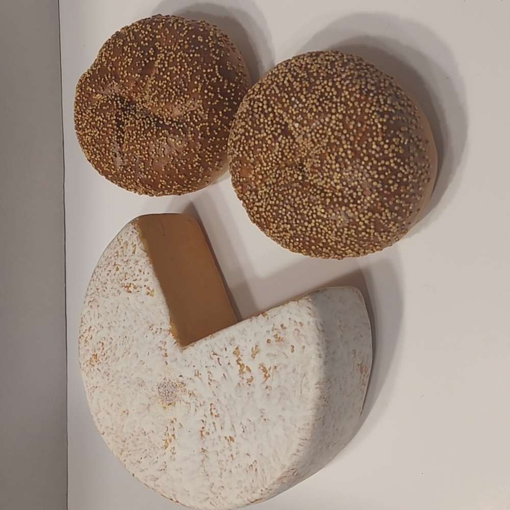 Faux cheese wheel & Sesame Bagels staging/props